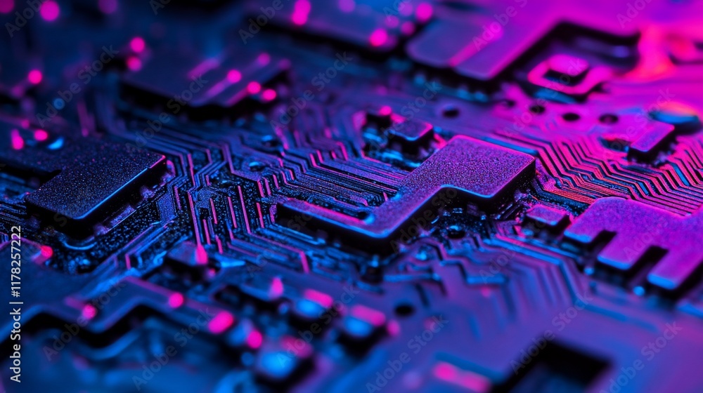 Poster close-up of a circuit board with vibrant pink and blue lighting, showcasing intricate circuitry and 
