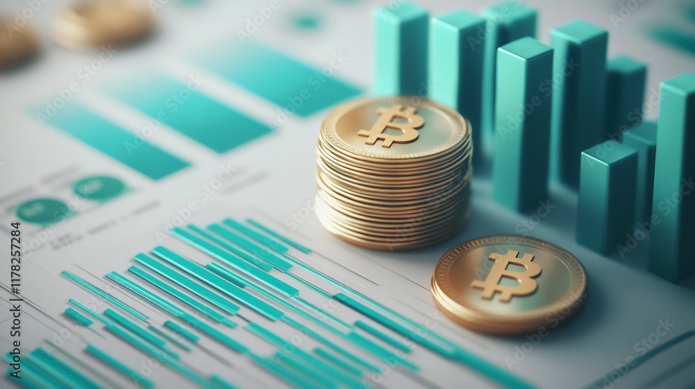 Poster bitcoin cryptocurrency coins stacked on financial report with bar graph.