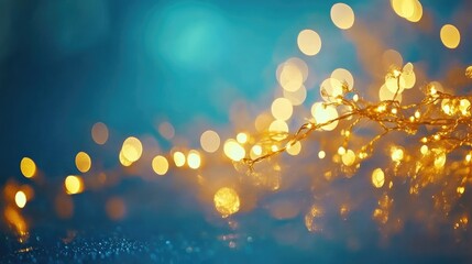 Soft, golden bokeh lights glowing on a blue backdrop, creating a warm, festive atmosphere ideal for celebrations and joyful moments