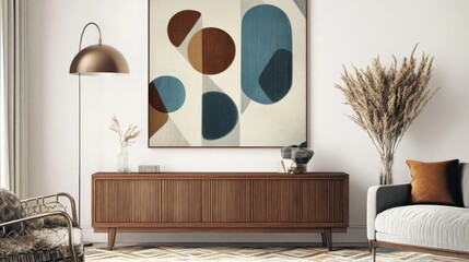 Mid-century modern interior, geometric abstract art print, wooden sideboard, teal and beige color scheme, circular rug, dried pampas grass, ceramic vases, minimalist decor, textured wall, warm lightin