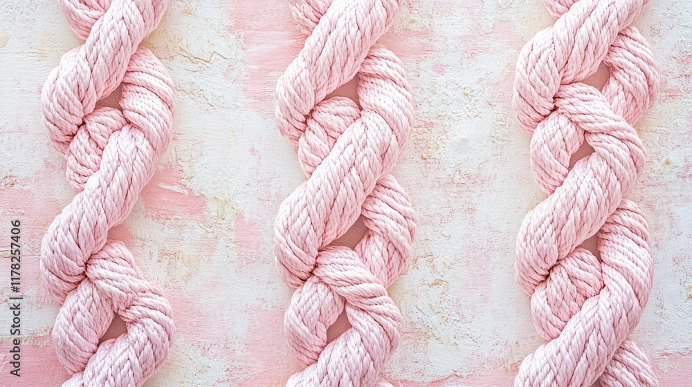 Poster soft pink rope knots arranged in a graceful pattern on a muted, textured background, emphasizing ele