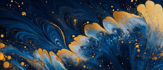 Naklejka premium Abstract blue gold paint swirls, cosmic background. Design decor