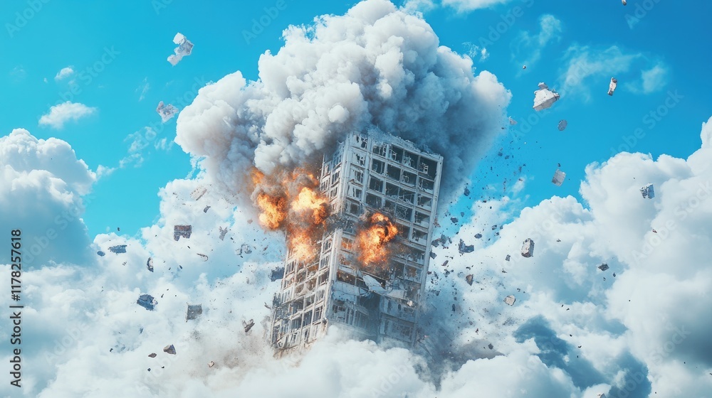 Poster Surreal artistic interpretation of a building exploding, with clouds enveloping the scene under a clear blue sky, capturing a moment of intense transformation