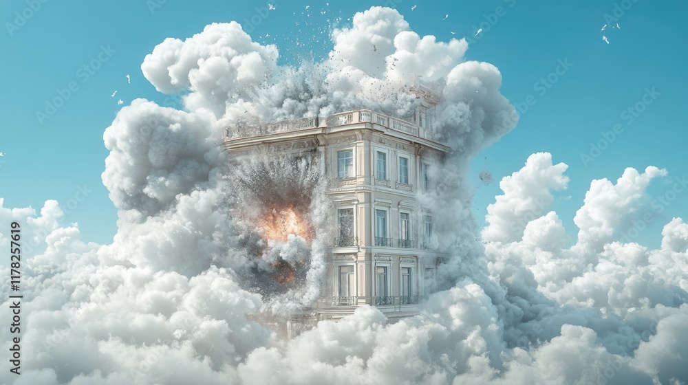Poster Surreal artistic interpretation of a building exploding, with clouds enveloping the scene under a clear blue sky, capturing a moment of intense transformation