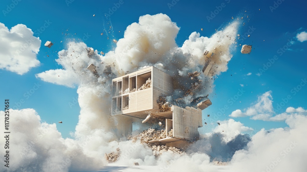 Poster Surreal artistic interpretation of a building exploding, with clouds enveloping the scene under a clear blue sky, capturing a moment of intense transformation