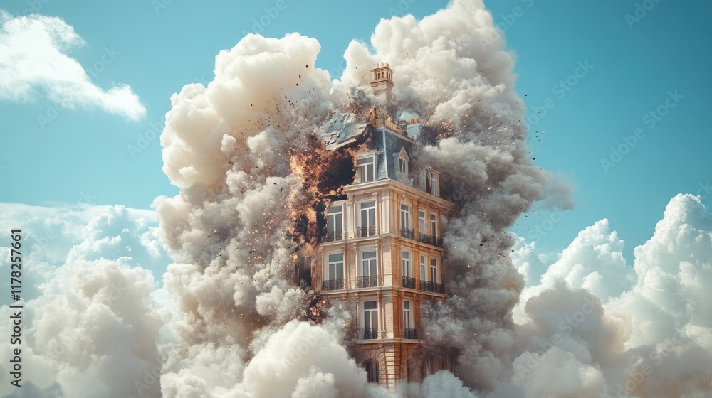 Poster Surreal artistic interpretation of a building exploding, with clouds enveloping the scene under a clear blue sky, capturing a moment of intense transformation