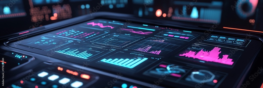 Poster Futuristic digital dashboard displaying data graphs and charts on a sleek, dark surface.