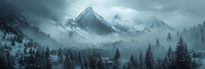 Obraz premium A picturesque mountain range threatened by an incoming avalanche, with an ominous atmosphere created by dark clouds and snow-laden trees. 