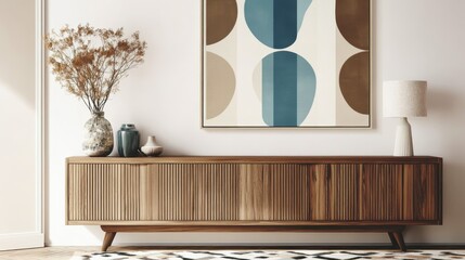 Mid-century modern interior, geometric abstract art print, wooden sideboard, teal and beige color scheme, circular rug, dried pampas grass, ceramic vases, minimalist decor, textured wall, warm lightin