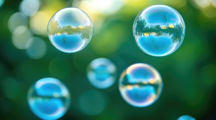 Naklejka premium Transparent soap bubbles floating gracefully against a soft blue background, capturing the delicate beauty and playfulness of light reflections