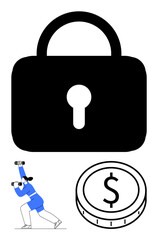 Large padlock symbolizing security, a person breaking chains for freedom, and a coin for finance. Ideal for privacy, cybersecurity, finance, economic struggles, freedom, protection abstract line