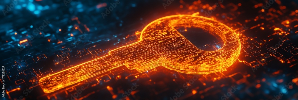 Poster fiery digital key glowing on a circuit board.