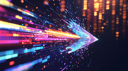 Obraz premium A pixelated arrow launching from a digital screen, scattering vibrant pixels into the air, symbolizing the launch of ideas in the digital age. 