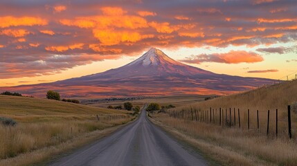 Obraz premium Majestic mountain sunrise over a rural road.