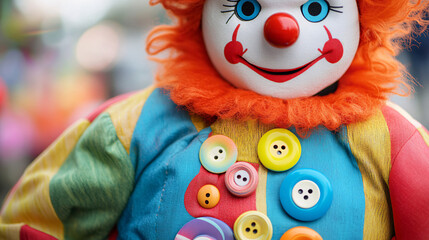 A playful clown costume adorned with oversized buttons and bright colors, capturing the fun and whimsy of a circus-themed festival. 
