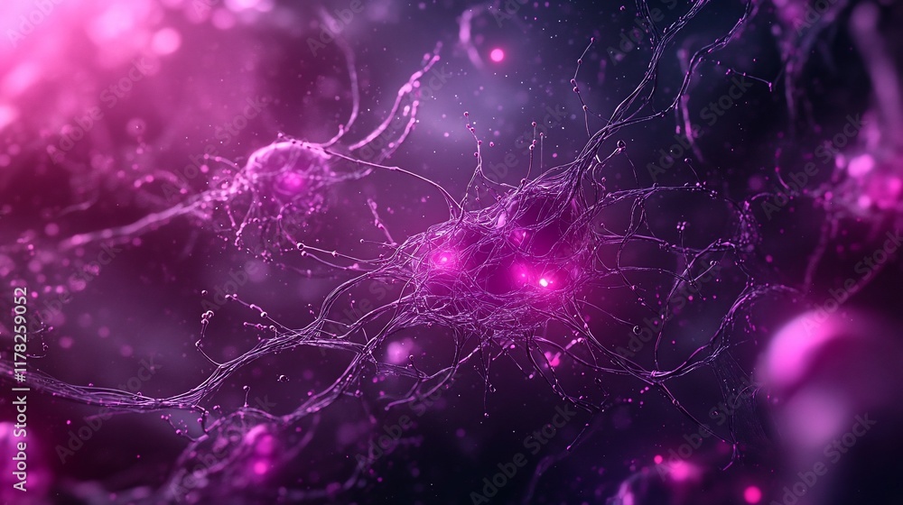 Poster microscopic view of interconnected neurons, glowing pink and purple, abstract neural network.