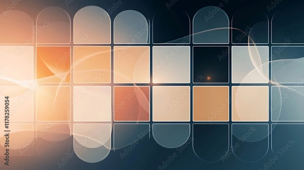 Poster abstract background with grid of squares and glowing light shapes.