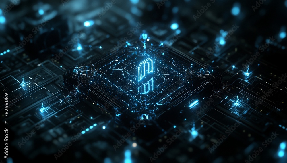 Poster glowing digital symbol on circuit board.