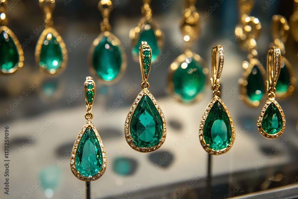 Poster close-up of several teardrop-shaped emerald earrings and pendants displayed on stands.