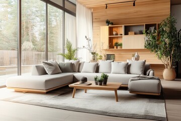 Fototapeta premium Modern luxurious living room, warm wood paneling, large L-shaped beige sofa, coffee table, potted plants, floor-to-ceiling curtains, soft lighting, minimalist design, open concept, neutral color palet