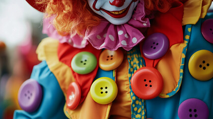 A playful clown costume adorned with oversized buttons and bright colors, capturing the fun and whimsy of a circus-themed festival.  