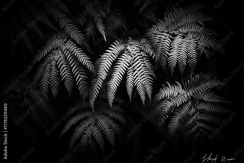 Poster monochrome close-up of ferns in low light, showcasing intricate details and textures.
