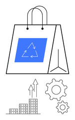 Paper shopping bag featuring a recycling symbol, stacked bars, upward arrows, and gears. Ideal for sustainability, eco-commerce, recycling, growth, retail innovation business abstract line flat