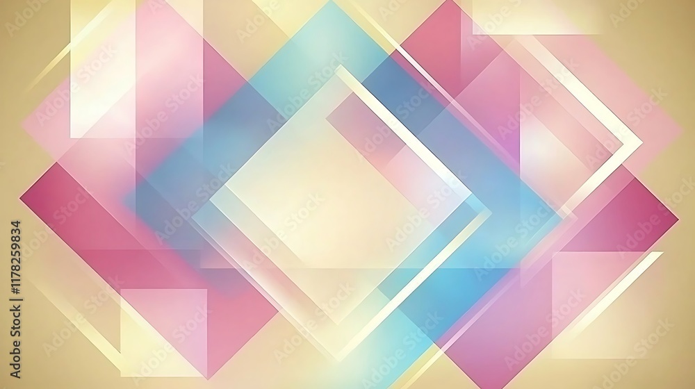 Poster abstract background with overlapping pastel-colored diamonds and rectangles.