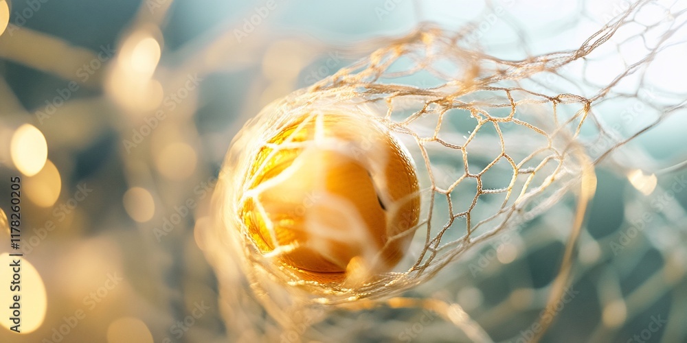 Poster glowing orb nestled in delicate net, bokeh background.