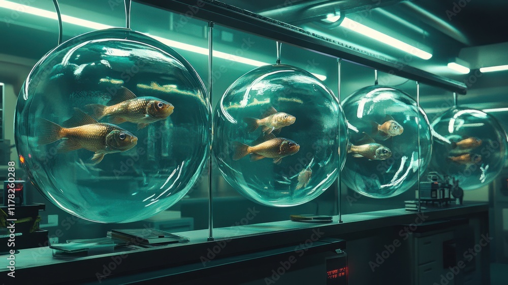 Poster goldfish in spherical tanks within a futuristic laboratory setting.