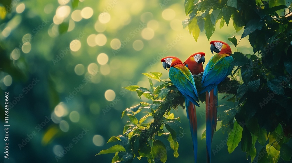 Poster three vibrant macaws perched on a tree branch in a lush, sun-dappled rainforest.