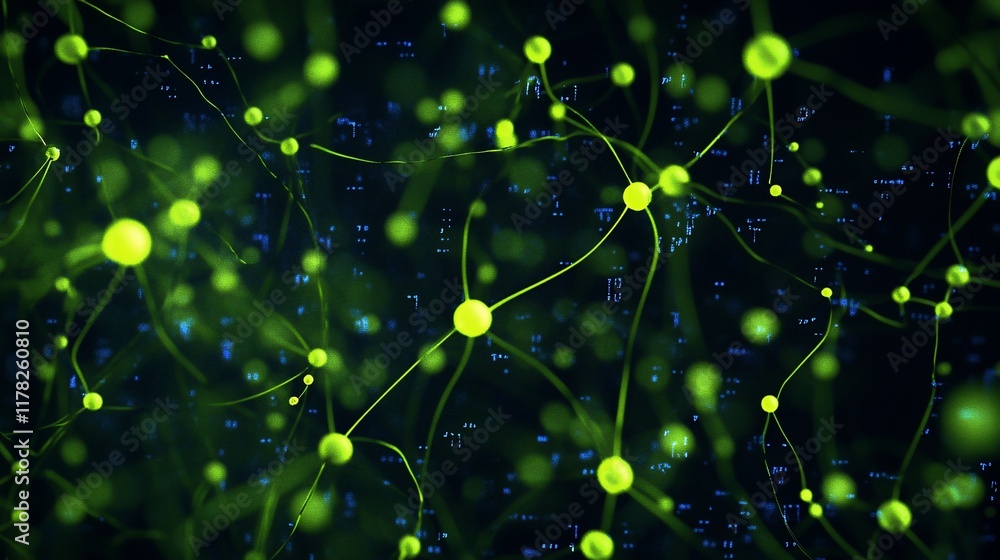 Poster Abstract neural network visualization; glowing nodes and connections on dark background.