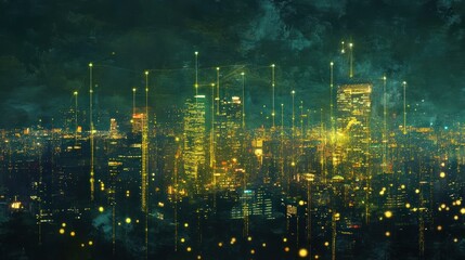 Fototapeta premium Glowing city skyline at night, digital art.