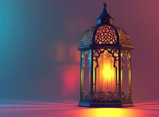 Obraz premium Arabic lantern of Ramadan Kareem background with copy space for text, colorful lights and shadows, on a gradient background. 
