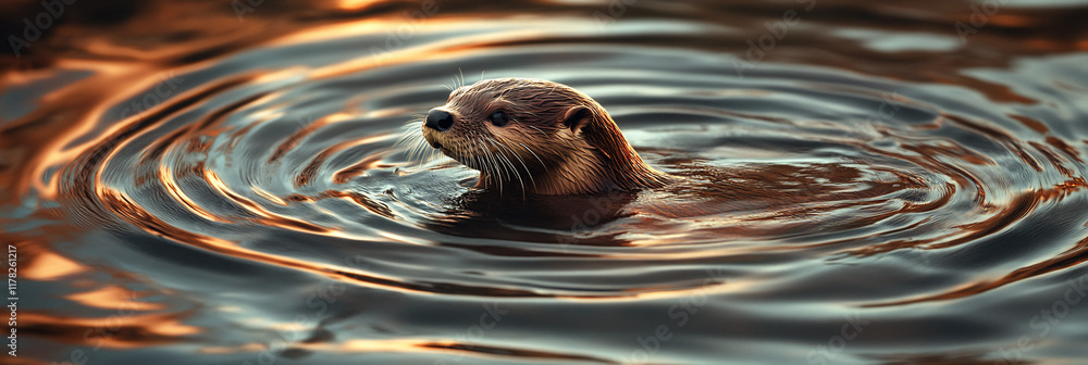 Poster a playful otter floating on a river, with abstract ripples of water creating mesmerizing patterns of