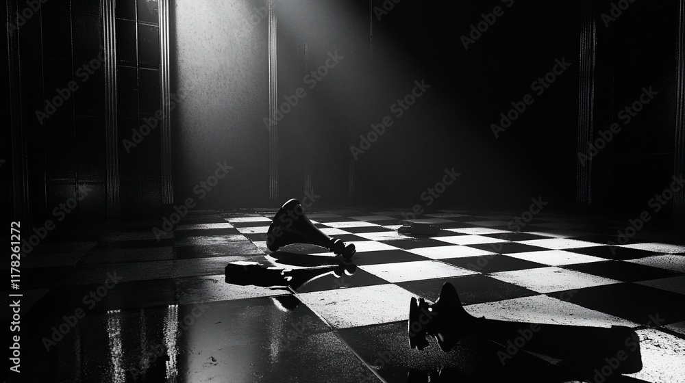 Poster fallen chess pieces on a reflective checkered floor in a dimly lit room.