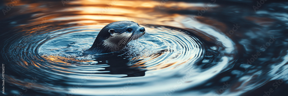 Poster a playful otter floating on a river, with abstract ripples of water creating mesmerizing patterns of