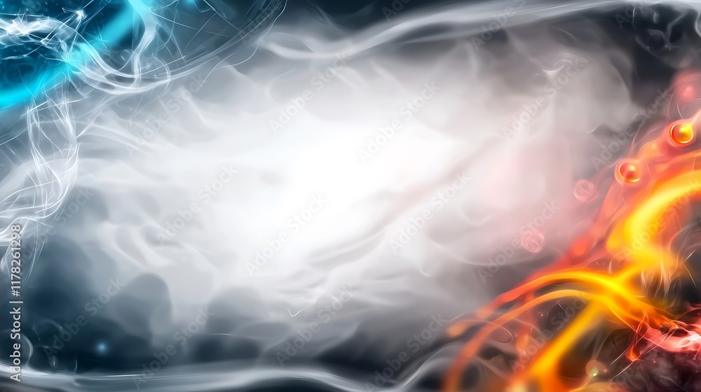 Poster abstract background with swirling blue and orange smoke, creating a dynamic and contrasting visual.