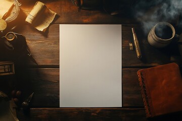 Blank paper on wooden desk with antique objects and coffee.