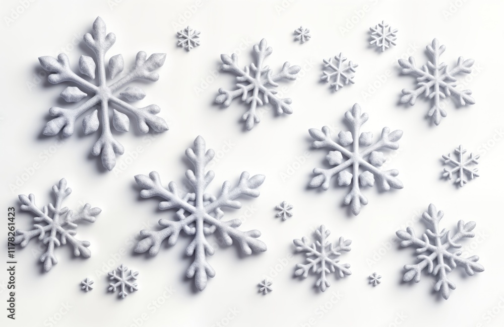 Poster different sized snowflakes arranged on white background. detailed 3d model of snow crystals. beautif