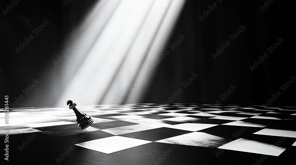 Poster single chess pawn on a large chessboard, dramatically lit from above.