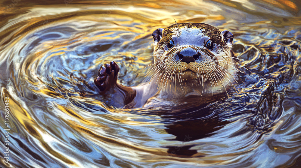 Poster a playful otter floating on a river, with abstract ripples of water creating mesmerizing patterns of