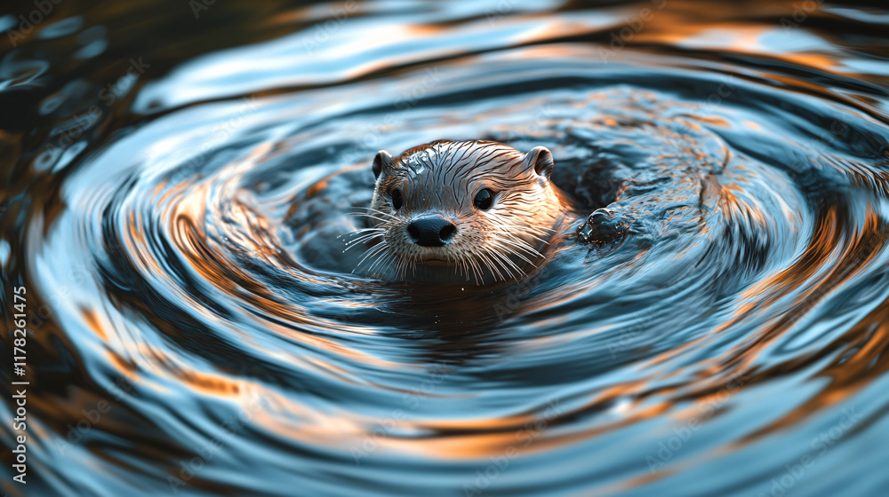 Poster a playful otter floating on a river, with abstract ripples of water creating mesmerizing patterns of