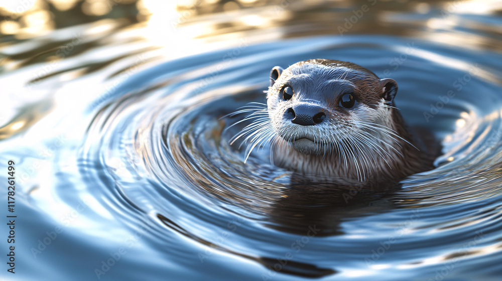 Poster a playful otter floating on a river, with abstract ripples of water creating mesmerizing patterns of