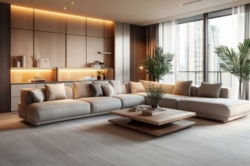 Modern luxurious living room, warm wood paneling, large L-shaped beige sofa, coffee table, potted plants, floor-to-ceiling curtains, soft lighting, minimalist design, open concept, neutral color palet