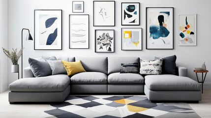 A chic living room with a sectional sofa, a geometric rug, and a gallery wall of framed artwork