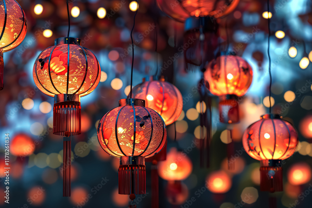 Poster row of colorful lanterns hang from a pole, creating a festive atmosphere.