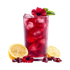 Hibiscus Lemonade with Lemon and Cherry Isolated on Transparent Background