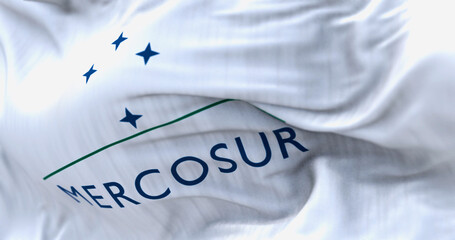 Close-up of Mercosur flag waving in the wind