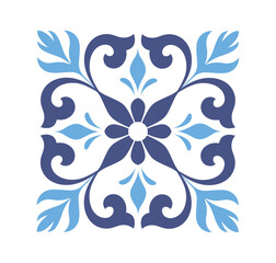 Fototapeta premium Decorative floral pattern in blue hues with symmetrical elements, featuring elegant curves and leaves, on a white background. Vector illustration
